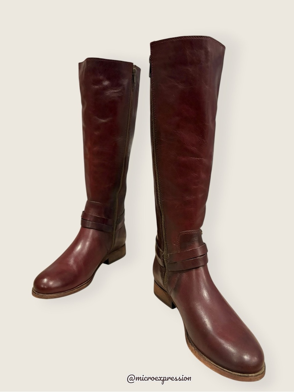 $398 Frye Melissa Belted Burgundy Brown Fall Knee High Tall Leather Riding Boots - Picture 15 of 16